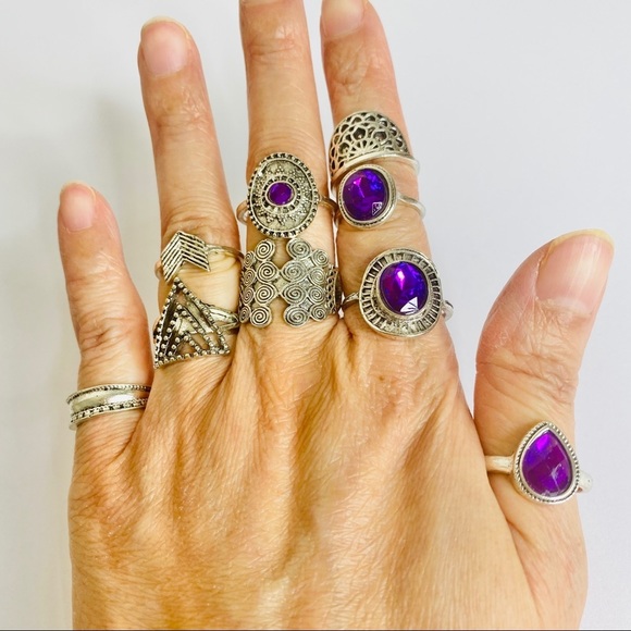 Bohemian Purple Stone Silver Tone Ring Set 9pc - Picture 2 of 4